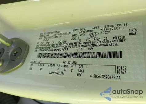 2021 Ford Escape Se z USA, uszkodzony, nr VIN 1FMCU0G64MUB27873